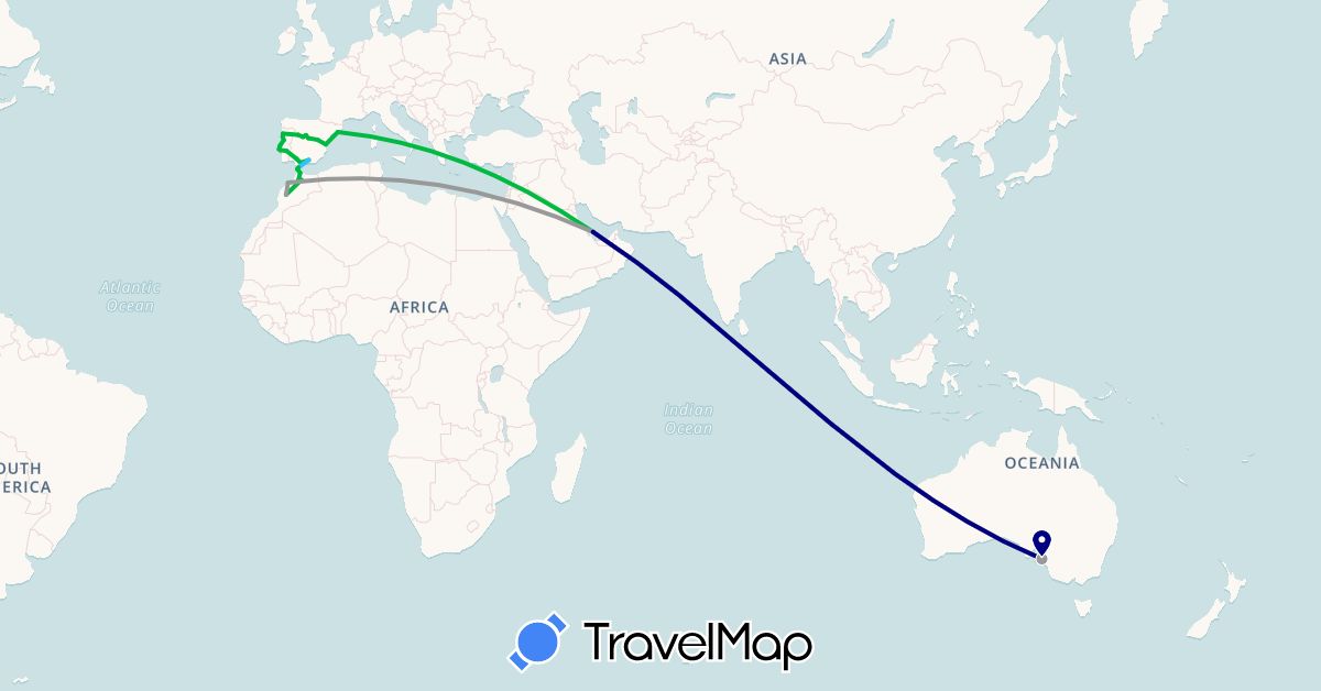 TravelMap itinerary: driving, bus, plane, boat in Australia, Spain, Morocco, Portugal, Qatar (Africa, Asia, Europe, Oceania)